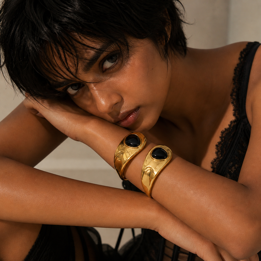 After Hours Black Agate Gold Cuff Bracelet