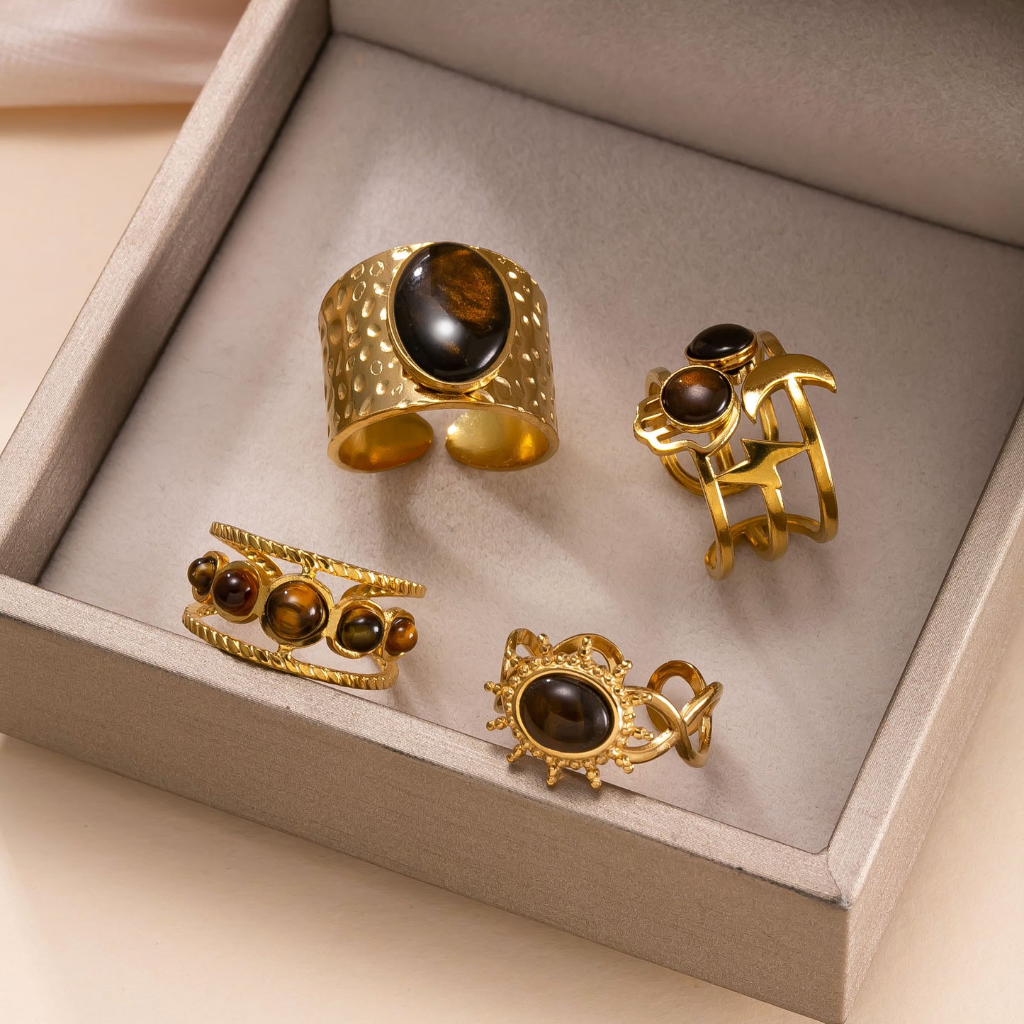 Grounded Gold Tiger Eye Ring Set of 4