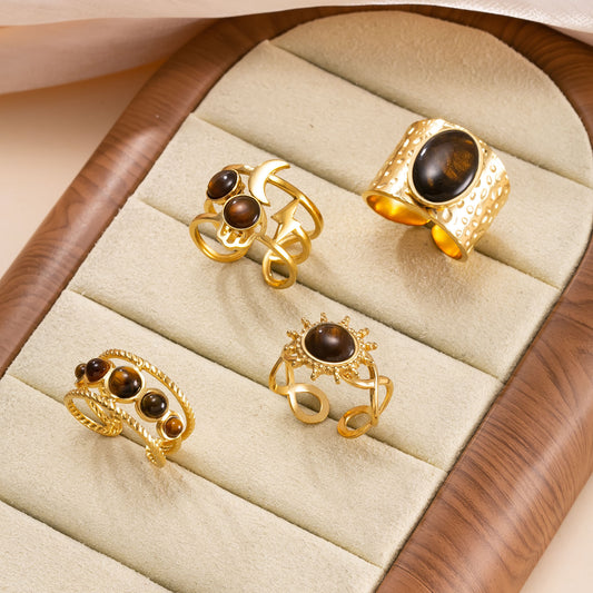 Grounded Gold Tiger Eye Ring Set of 4